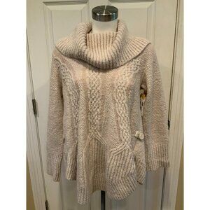 Angel of the North Oatmeal Tan Cable Knit Cowl Neck Sweater Button Detail Size M